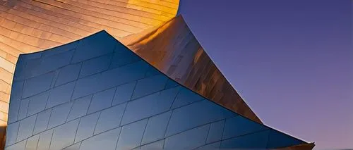 Thom Mayne architecture, Walt Disney Concert Hall, stainless steel exterior, curved lines, dynamic shapes, futuristic design, Los Angeles cityscape, evening time, warm golden lighting, detailed buildi