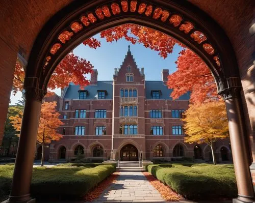 Tufts University campus, modern academic building, brick facade, ivy-covered walls, stone pillars, Gothic-style arches, stained glass windows, grand entrance hall, sweeping staircases, ornate chandeli