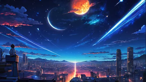 meteor,space art,earth rise,futuristic landscape,meteor rideau,night sky,the night sky,meteor shower,falling stars,fire planet,valerian,starscape,scifi,perseids,cg artwork,planet,violet evergarden,astronomy,star sky,sky,Illustration,American Style,American Style 01