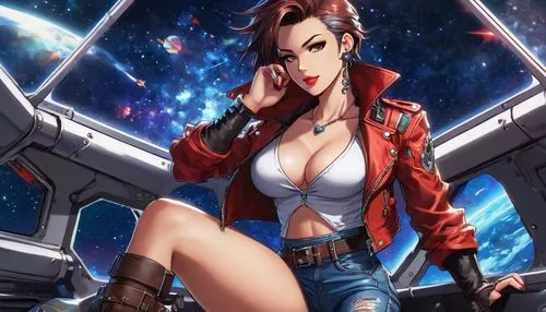 Female space pirate, muscular athletic build, short spiky hair, silver piercing eyes, bold red lips, galaxy map tattoo on left shoulder, black leather jacket, white tank top, high-waisted ripped jeans