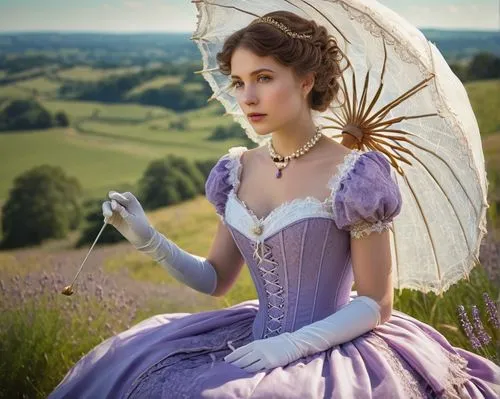 jane austen,la violetta,victorian lady,the victorian era,victorian fashion,viola,the lavender flower,cinderella,british actress,elizabeth nesbit,enchanting,victorian style,downton abbey,lavender,overskirt,pale purple,crinoline,violet,beautiful bonnet,hoopskirt,Illustration,Realistic Fantasy,Realistic Fantasy 12