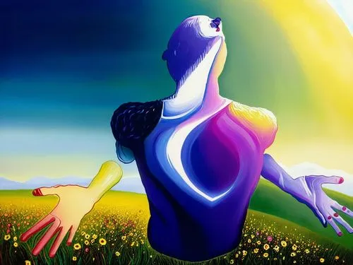 a painting of a woman and her dog on a grassy field,la violetta,varekai,neon body painting,meditator,bodypainting,caiera,Illustration,Realistic Fantasy,Realistic Fantasy 25