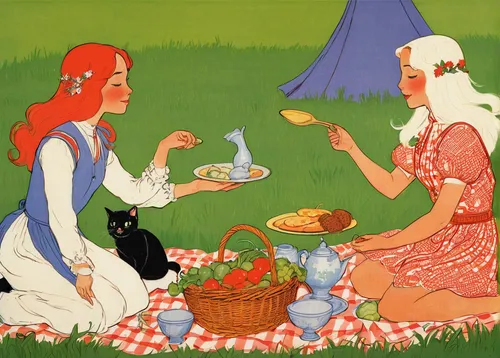 kate greenaway,picnic,tea party,tea party cat,teatime,vintage illustration,picnic basket,tea time,girl picking apples,garden party,afternoon tea,woman holding pie,vintage fairies,cream tea,british tea,tea service,tea drinking,midsummer,grape-hyacinth,tea card,Illustration,Retro,Retro 07