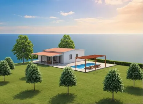 holiday villa,pool house,3d rendering,house with lake,modern house,house by the water,Photography,General,Realistic