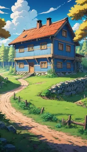 butka,farmstead,ghibli,sylvania,home landscape,farmhouse,red barn,studio ghibli,countryside,country side,lonely house,farm background,farm house,little house,highstein,township,the farm,house in the mountains,oktoberfest background,house in mountains,Illustration,Japanese style,Japanese Style 03