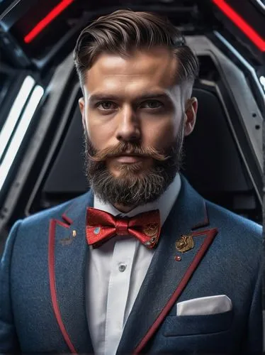 A wise boy with a thick beard and a thick beard stands in the spaceship. He wears a long coat and a red bow tie. His eyes sparkle with fury,debonair,ttd,magnussen,sprezzatura,yarkovsky,graybeard,men's