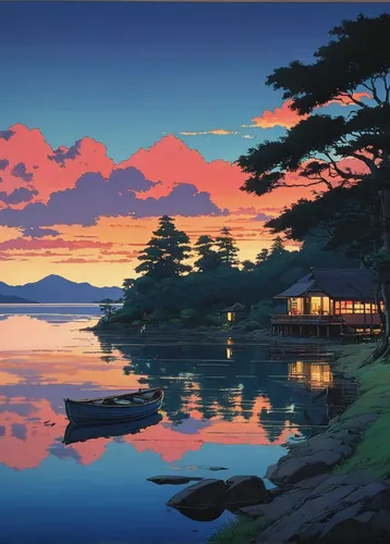 japan landscape,evening lake,japan,芦ﾉ湖,dusk,lake tanuki,tsukemono,kyoto,studio ghibli,shirakami-sanchi,idyllic,landscape background,hokkaido,ginkaku-ji,miyajima,purple landscape,剣岳,japanese art,beach landscape,coastal landscape,Illustration,Japanese style,Japanese Style 14