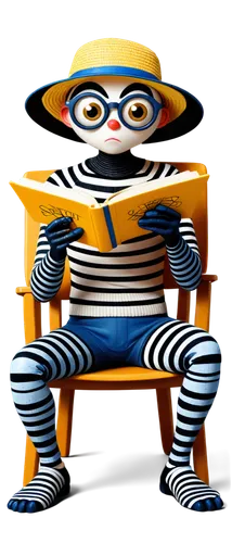 Cartoon spider, funny facial expression, big round eyes, eight legs, colorful body, yellow and blue stripes, sitting on a chair, reading a book, wearing glasses, black hat, holding a pencil, comedic p