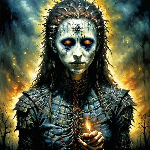 pain is the eternal gift given by family. You will always remember them by the pain.,a close up view of a male witch holding a lit candle,malakian,gorgoroth,mediatrix,voodoo woman,watain,borgir,Illust