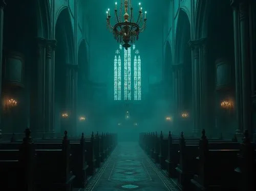 Dark, mysterious atmosphere, teal color palette, gothic ambiance, abandoned cathedral, intricate stone carvings, stained glass windows, grand chandelier, ornate wooden pews, foggy mist, dim lanterns, 