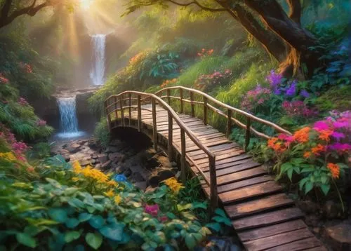 fairytale forest,the mystical path,fairy forest,forest path,garden of eden,pathway,flooded pathway,wooden bridge,winding steps,hiking path,fairy world,enchanted forest,rainbow bridge,fantasy landscape,scenic bridge,wooden path,walkway,nature garden,plitvice,nature landscape,Conceptual Art,Oil color,Oil Color 21