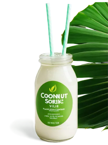 Coconut drink, clear glass bottle, straw, tropical vibe, palm tree pattern on label, refreshing condensation droplets, ice cubes inside, creamy white coconut milk, bright green leaf garnish, 3/4 compo