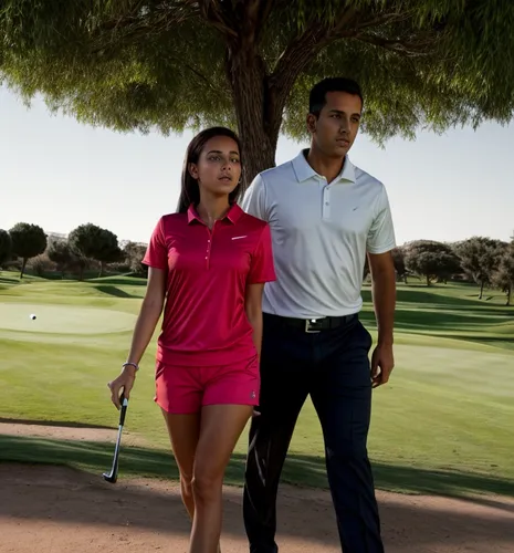 The Moroccan girl wears short golf clothes.  She is walking in the park.,a woman holding a golf club and standing next to a man in a pink shirt,horschel,golfers,golf course background,golfvideo,golf p