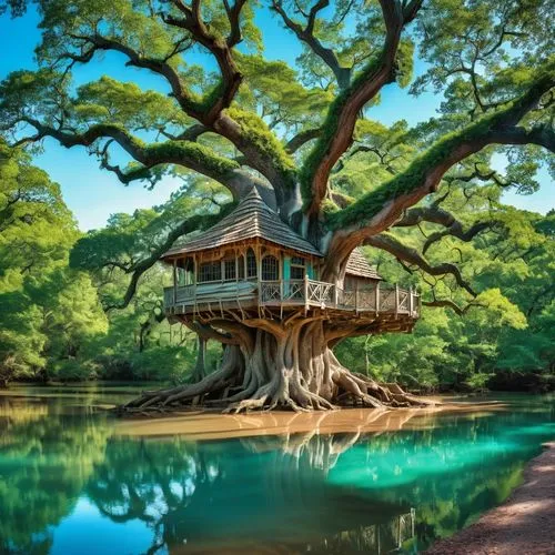 the Angel Oak tree house, intricate ornate treehouse in a amazing gigantic turquoise Angel Oak, on the bank of the river with crystal clear water
,tree house hotel,tree house,treehouse,dragon tree,the