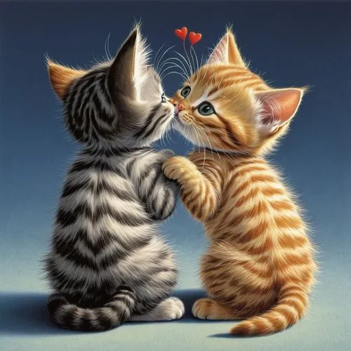 cat love,cat lovers,love for animals,cute cartoon image,first kiss,affection,Illustration,Children,Children 03