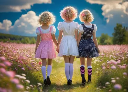 little girls walking,sewing pattern girls,pink daisies,little girls,young women,little girl in pink dress,joint dolls,the three graces,beautiful photo girls,image manipulation,little girl dresses,vintage girls,pinkladies,meadow play,three flowers,triplet lily,three friends,pink family,girl ballet,children girls,Photography,Artistic Photography,Artistic Photography 11