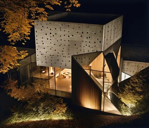 an aerial view of a building with a deck,breuer,cubic house,hejduk,eisenman,vitra,docomomo