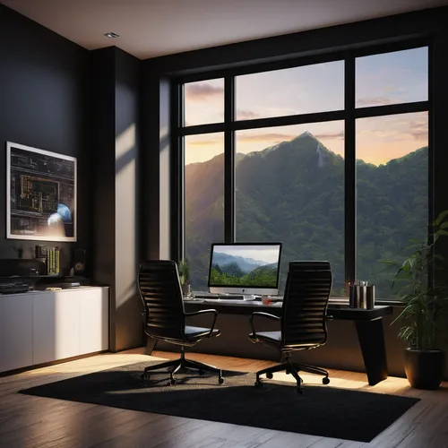 black, modern, programmer room  with big window,modern office,modern room,blur office background,3d rendering,window film,modern decor,interior modern design,creative office,fractal design,modern livi