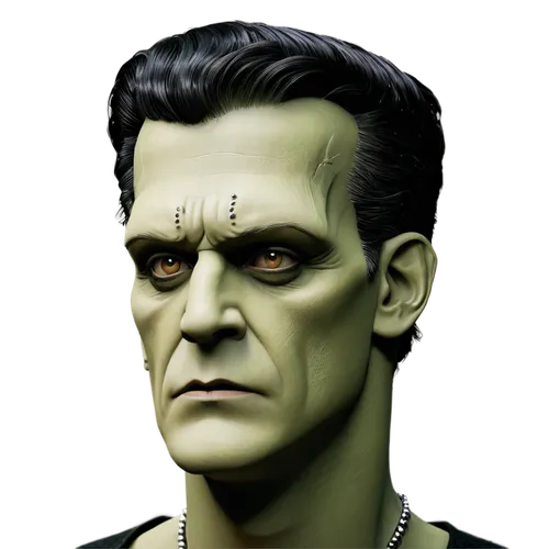 Frankenstein's monster, masculine face, prominent forehead, flat head, bolts on neck, pale skin, thick eyebrows, sunken eyes, sharp nose, thin lips, grotesque features, dramatic lighting, close-up sho