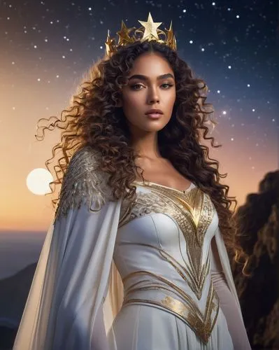 Goddess of stars, celestial, solo, (adult), beautiful detailed eyes, shimmering eyeshadow, long curly hair, golden crown, intricate armor, flowing white gown, star-patterned cape, holding a crystal or