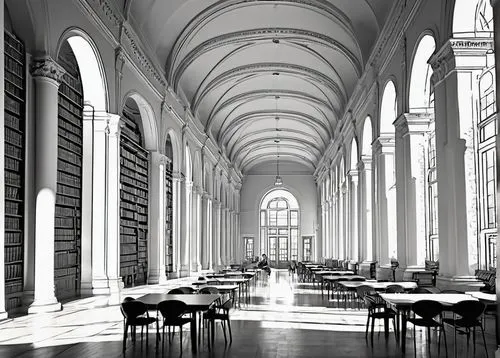 reading room,boston public library,bibliotheque,bibliotheca,universitaire,university library,colonnade,libraries,colonnades,bibliographical,celsus library,sorbonne,unidroit,universita,library,biblioteca,refectory,old library,lecture hall,bibliothek,Illustration,Black and White,Black and White 04