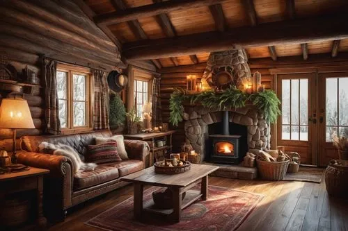 warm and cozy,the cabin in the mountains,coziness,fireplace,coziest,log home,fire place,winter house,log cabin,cabin,log fire,christmas fireplace,chalet,cozier,livingroom,sitting room,fireplaces,home interior,cosier,country cottage,Illustration,Realistic Fantasy,Realistic Fantasy 25