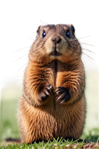 Groundhog, scat, photography, outdoor, nature, wildlife, furry, brown fur, whiskers, cute eyes, nose twitching, standing upright, paws together, green grass, sunlit, shallow depth of field, warm color