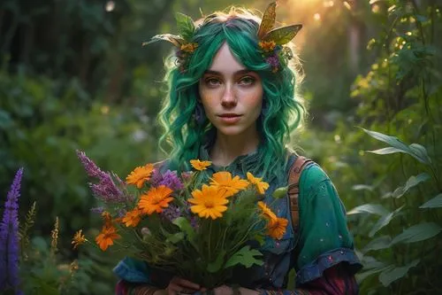 elven flower,fae,fairie,faerie,faery,girl in flowers,flower fairy,garden fairy,kupala,seelie,druid,dryad,fairy peacock,violet head elf,tigerlily,elven,kahila garland-lily,elven forest,beautiful girl with flowers,nepeta,Art,Classical Oil Painting,Classical Oil Painting 15