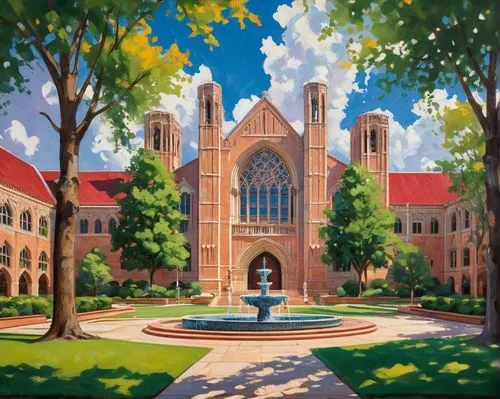 Oklahoma University architecture, Bizzell Library building, modern collegiate Gothic style, intricate stone carvings, pointed arches, grand entrance, sprawling green lawn, mature trees, sunny afternoo