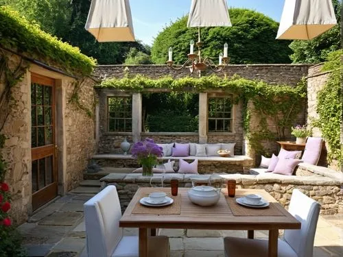 Leave the sketch unchanged, just add a vase of flowers to the dining table,the table is outside near a stone oven,outdoor dining,country cottage,pizza oven,breakfast room,summer cottage,cotswolds,Phot