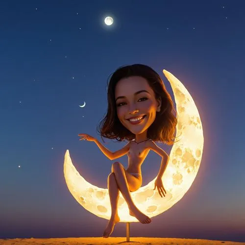 um close de uma mulher sentada em uma lua crescente com um sorriso, sentado na lua, na Lua, na frente de uma grande lua, arte digital. @mariomaniacdude, divindade Leesha Hannigan, Cel sombreado!!!, ar