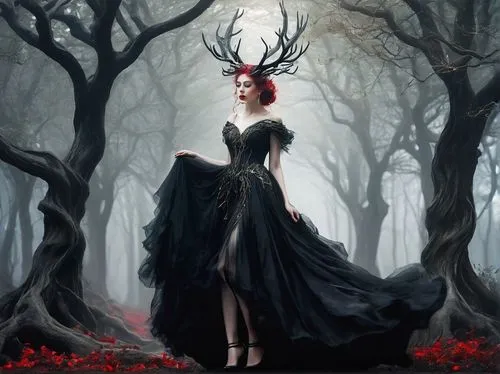 Xerneas inspired art, mystical dark fantasy, mysterious sorceress, intricate silver jewelry, flowing black dress with golden accents, high heels, dramatic makeup, bold red lips, piercing green eyes, c