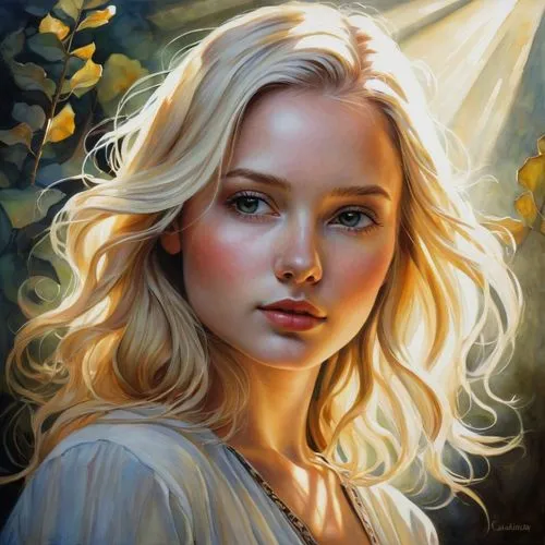 fantasy portrait,girl portrait,romantic portrait,mystical portrait of a girl,portrait of a girl,oil painting,blonde woman,oil painting on canvas,young woman,blond girl,blonde girl,portrait background,elsa,digital painting,artist portrait,woman portrait,della,luminous,face portrait,world digital painting,Conceptual Art,Daily,Daily 34