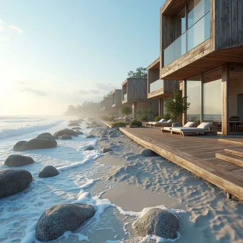 oceanfront,beachfront,3d rendering,render,dunes house,beach house,wood and beach,shorefront,renders,seaside view,3d render,3d rendered,beachhouse,beach resort,floating huts,oceanview,house by the water,shoreside,renderings,beachside,Photography,General,Realistic