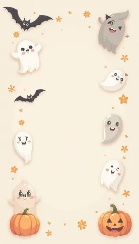 halloween wallpaper,
A minimalist Halloween-themed design featuring cute, simple illustrations of ghosts, bats, and pumpkins. The icons are in soft pastel colors, arranged on a light-colored backgroun