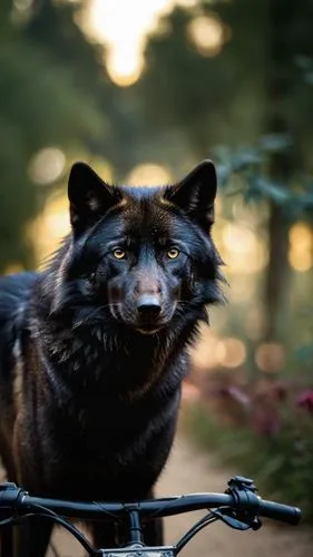 a sleek black wolf with a fur rolled down his back and a black eye patch on his chest revs up the engine and revs the engine on a sleek black bike. The bike is parked on a dirt road, surrounded by tal