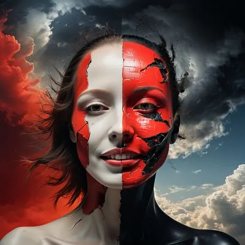 photo manipulation,image manipulation,photoshop manipulation,photomontage,photomanipulation,rankin,photomontages,overlaid,red skin,heaven and hell,red paint,conceptual photography,split personality,photo art,compositing,composited,pop art effect,unmasks,red and blue,woman face,Conceptual Art,Fantasy,Fantasy 10