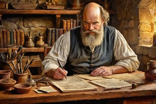 Heraldry maker, middle-aged man, balding hair, thick beard, serious expression, wearing apron, holding quill pen, surrounded by papers, ink bottles, seals, coats of arms, medieval-style desk, wooden c