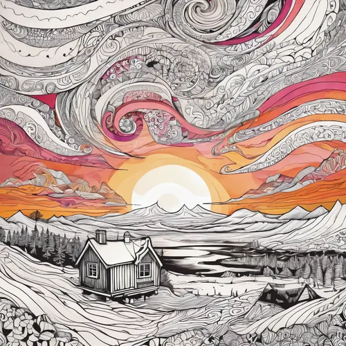 Iceland sunset cabin,farm landscape,cool woodblock images,salt meadow landscape,psychedelic art,quilt barn,home landscape,straw field,hand-drawn illustration,free land-rose,woodcut,panoramical,farmste