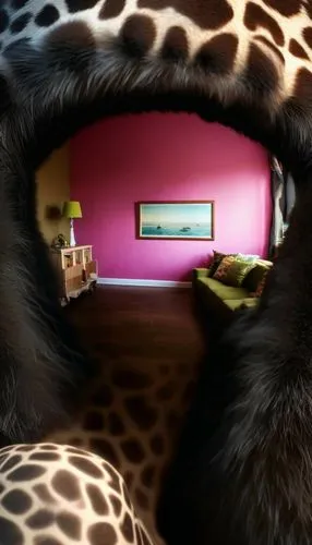 a giraffes pattern looks through its fur to its inside living room,leopardskin,cheeta,leopard,animal fur,zebra fur,great room