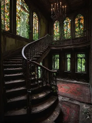 staircase,outside staircase,upstairs,stairway,staircases,stair,stairs,downstairs,stairwell,escalera,abandoned places,abandoned place,empty interior,ornate room,entryway,entrance hall,cochere,banisters,old victorian,winding staircase,Art,Classical Oil Painting,Classical Oil Painting 17