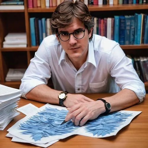 Percy Jackson author, middle-aged man, bespectacled, messy brown hair, casual wear, white shirt, blue jeans, sitting, desk, papers scattered, quill pen, fantasy novels, bookshelves, wooden floor, dim 