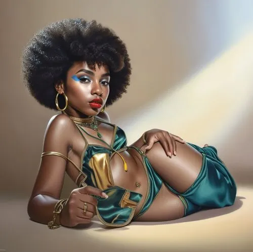 a black girl, afro girl, photorealistic art, a black girl, girl lying down, calm girl, photorealistic art.,an african american woman wearing an old - school dress and earrings,neith,cleopatra,nubia,lu