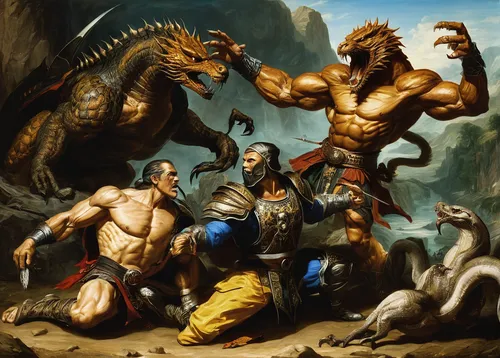 hunting scene,barbarian,heroic fantasy,animals hunting,biblical narrative characters,sparta,horsemen,pankration,trioceros,greek mythology,guards of the canyon,predation,hercules winner,cordoba fighting dog,primeval times,game illustration,confrontation,battle,mythological,predators,Art,Classical Oil Painting,Classical Oil Painting 37