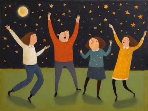 celebration,celebrate,raised hands,spirit ball,arms outstretched,ecstatic,open arms,cheerfulness,team-spirit,celebration of witches,shooting stars,hands up,dance with canvases,juggling club,square dance,celebrating,june celebration,leap for joy,carol colman,the stars,Illustration,Abstract Fantasy,Abstract Fantasy 15