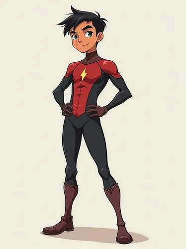 Young teenage boy, superhero, spandex suit, latex suit, tight, slim, ,a young man in an animated red suit with black hair,superboy,wordgirl,aqualad,damian,elastigirl,stutman,Photography,Fashion Photog