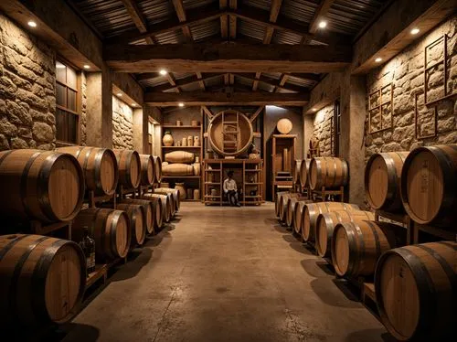 Rustic winery, wooden barrels, stone walls, earthy tones, natural lighting, reclaimed wood accents, metal roofing, industrial chic decor, vintage wine-making equipment, exposed brick ceilings, wooden 