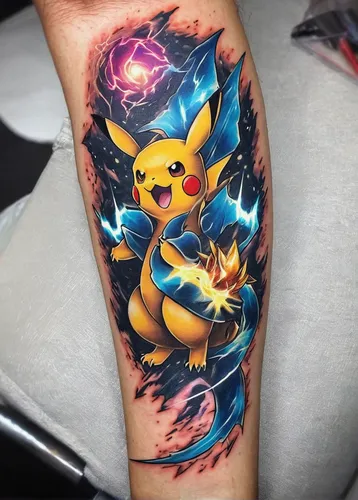 Devise an epic Pokemon tattoo with lightning effects.,pikachu,pokemon,pokémon,pika,forearm,stitch,pixaba,yo-kai,tattoo artist,tattoo,pokemon go,pokeball,abra,charizard,navi,dark-type,on the arm,wooser