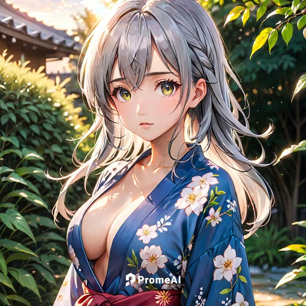 (20 years old, young:1.2)  A beautiful young girl with long messy grey hair. She is looking at the camera. A Masterpiece, best quality, relaxing, standing in the yard. wearing silk kimono. H-Cup. HD q