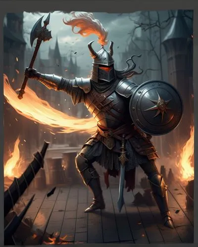 a man in armor holding fire on his hands,blacksmith,pyrotechnical,reforged,grimgor,berzerker,bronze horseman,Conceptual Art,Fantasy,Fantasy 01